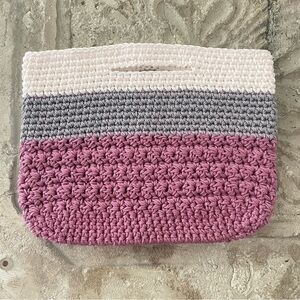 $49 SALE Handmade Colorblock Handled Purse Crochet Handbag Violet White Gray